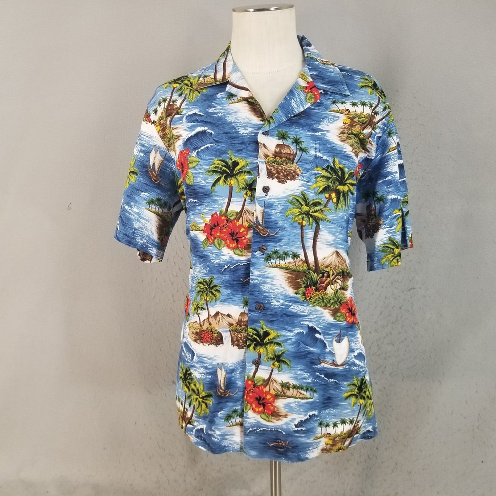 RJC Button Down Mens XL Blue Hawaiian Tropical Island Print Camp Shirt Cotton